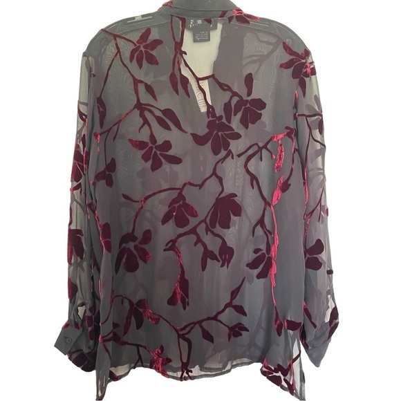 New Silk Club Burnout Red Velvet Button Down Blouse Black Pant Set Women M - Picture 4 of 8